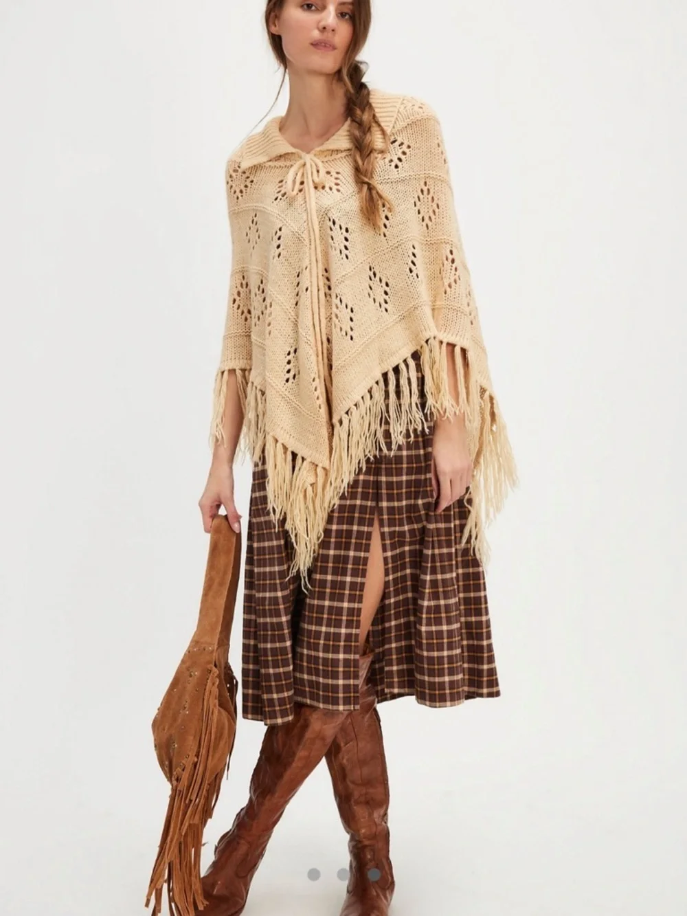 Free People Understated Eyelet Fringe Knit Poncho Sweater Women's OS